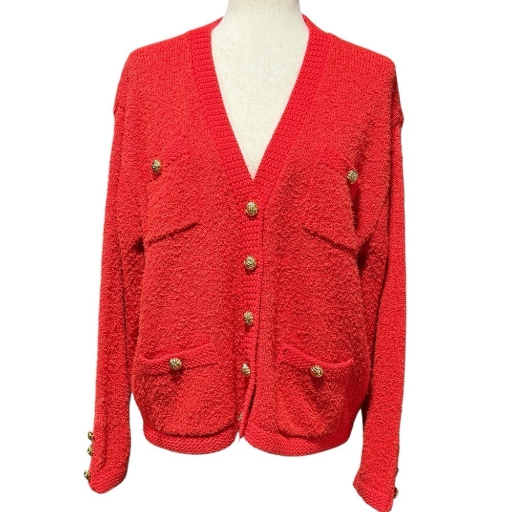 Chaus Knit Red Cardigan Gold Button Up Size Large Vintage Old Money Retro Cozy